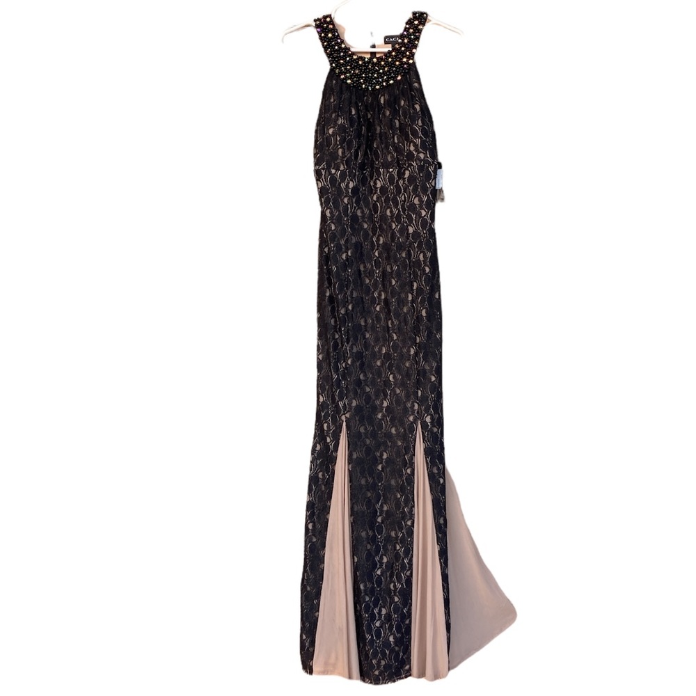 CACHE Long Maxi Black Lace and Tan Mesh-like beaded Evening Event Prom Dress